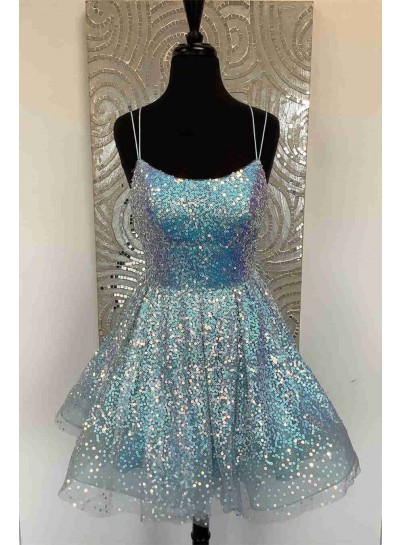2025 Blue A-line Spaghetti Straps Lace Up Short Sequins Homecoming Dresses