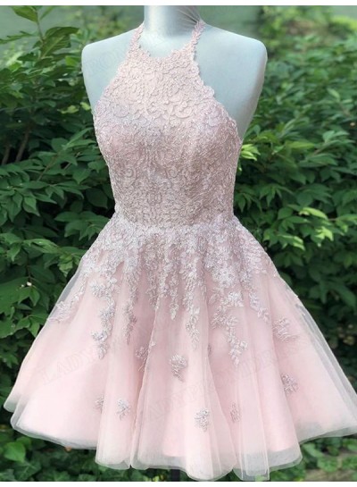 2025 Halter A-line Princess Tulle Lace up Short/Mini Homecoming Dresses with Applique