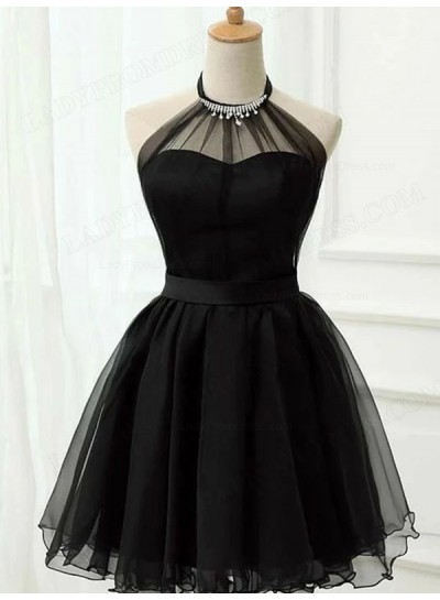 2025 Halter Black Tulle Ball Gown Sleeveless Belt Short/Mini Homecoming Dresses