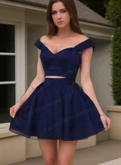 A-Line Princess Off-the-Shoulder Sleeveless Knee-Length Taffeta Two Piece Homecoming Dresses