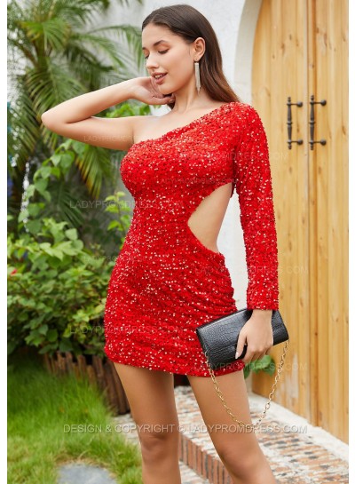 2025 Sequin Sheath/Column One shoulder Side Split Short/Mini Homecoming Dresses, As Picture & Size 2 - 26W In Stock & Ships in 48 Hours