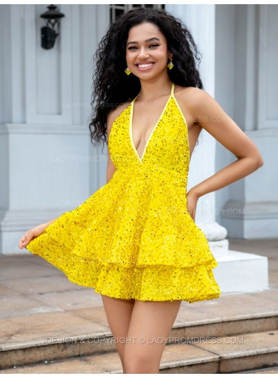 A-line Princess Sequin Halter V-neck Yellow Layers Short/Mini Homecoming Dresses, As Picture & Size 2 - 26W In Stock & Ships in 48 Hours