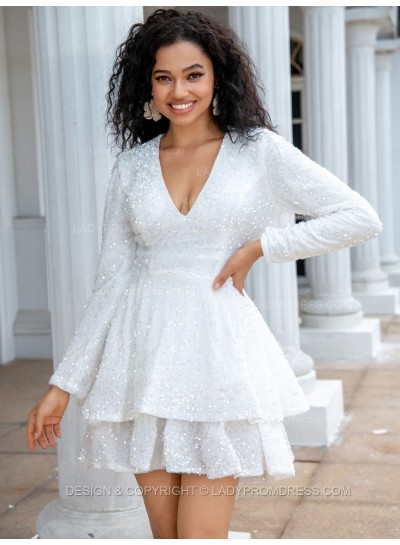 2025 A-line Princess V-neck Long Sleeves Sequin White Short/Mini Homecoming Dresses