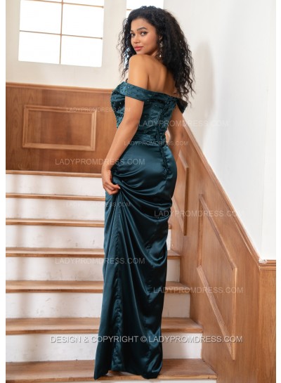 2025 A Line Off Shoulder Sweetheart Silk Like Satin Navy Blue Prom Dresses With Beads
