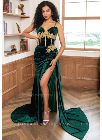 Hunter Green Velvet Sweetheart Spaghetti Straps 2025 Long Prom Dresses