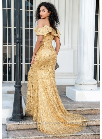 2025 Gold Off Shoulder Side Slit Long Sequence Prom Dresses