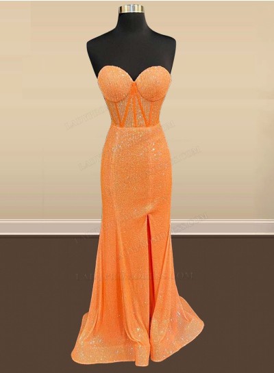 2025 Sheath Orange Sweetheart Side Slit Sequence Long Prom Dresses