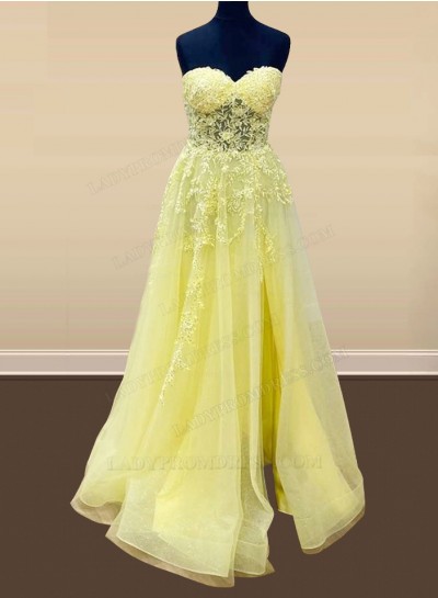 2025 A Line Light Yellow Sweetheart Tulle With Appliques Long Prom Dresses