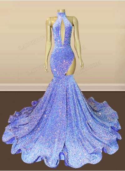 2025 Lavender High Neck Key Hole Sequence Long Prom Dresses