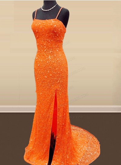 Sheath Strapless Orange Side Slit Corset Back Sequence Long 2025 Prom Dresses
