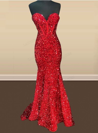 2025 Mermaid Red Sweetheart Long Sequence Prom Dresses