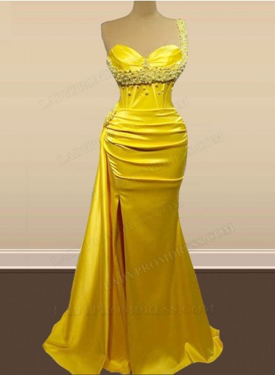 Daffodil Sheath Sweetheart Side Slit Long Prom Dresses With Pearls 2025