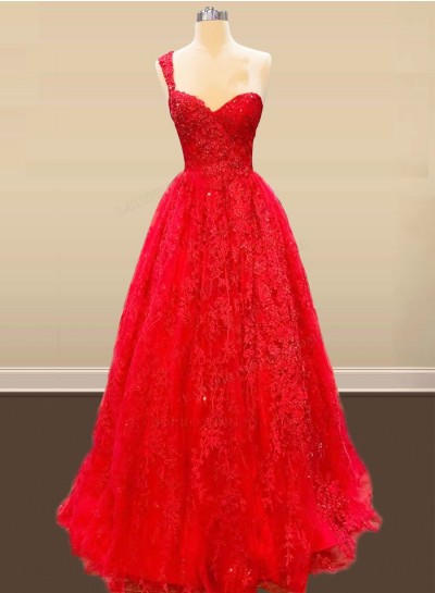 2025 One Shoulder Red Tulle With Appliques Sweetheart Long Prom Dresses