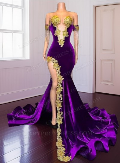2025 Purple Sheath Side Slit Prom Dresses With Gold Appliques 