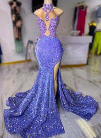 Sheath Lavender Sequence High Neck Long Side Slit Prom Dresses 2025