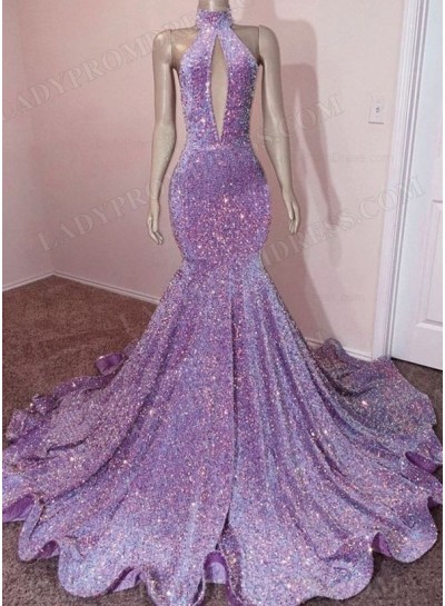High Neck Lilac Sequence Long Prom Dresses 2025 With Open Front