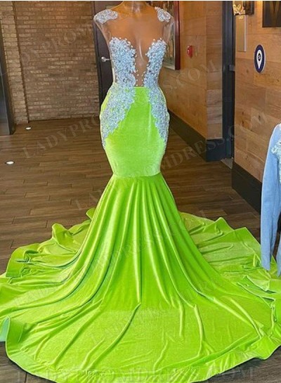 Mermaid Velvet Lime Green Bateau Beaded Long Prom Dresses 2025