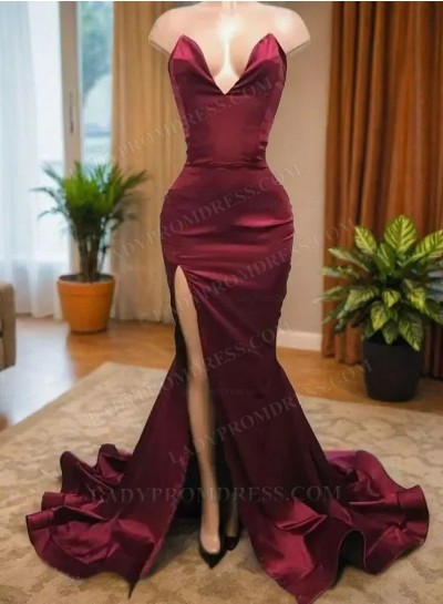 Burgundy Sheath Sweetheart Side Slit Long Satin Prom Dresses 2025
