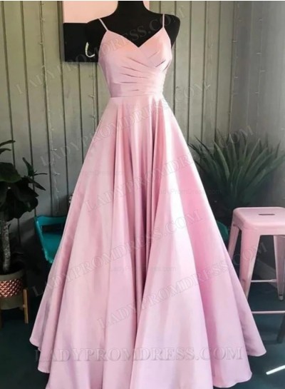 2025 A Line Satin Pink V Neck Long Prom Dresses With Pleats