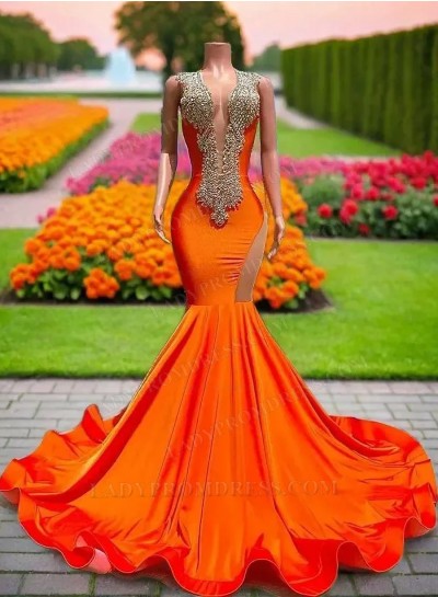2025 Orange Mermaid Sparkly African Girl Long Prom Dresses with Beaded