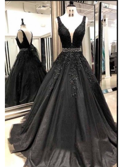 2025 Black V-neck Beaded Tulle Prom Dresses