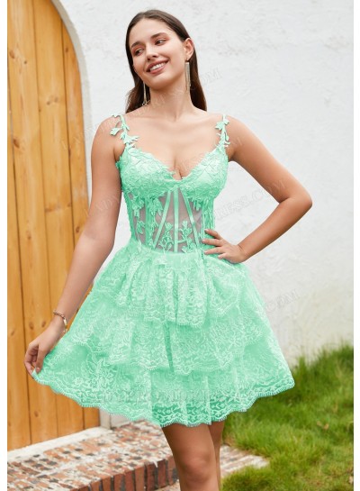 Mint Green A-line Princess Applique Spaghetti Straps Lace Short Mini Sweet 16 Dress / Homecoming Dresses