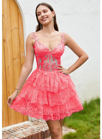 Watermelon A-line Princess Applique Spaghetti Straps Lace Short Mini Homecoming Dresses