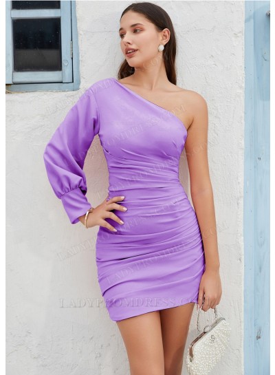 Lilac One Shoulder Satin Long Sleeves Mini Cocktail / Homecoming Dresses