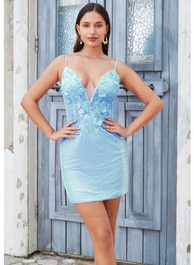 Blue Sheath/Column V-Neck Appliques Sequins Cocktail / Homecoming Dresses