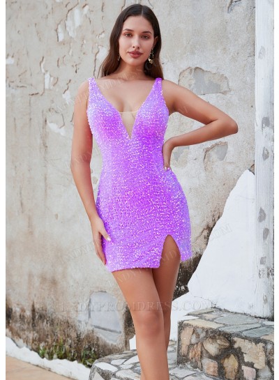 Lilac Sheath Sequins V-neck Sleeveless Short/Mini Cocktail / Homecoming Dresses