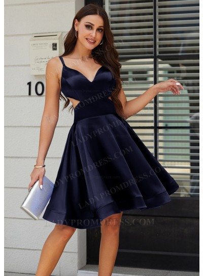 Dark Navy A-line Princess V-neck Silk like Satin Knee-Length Homecoming Dresses