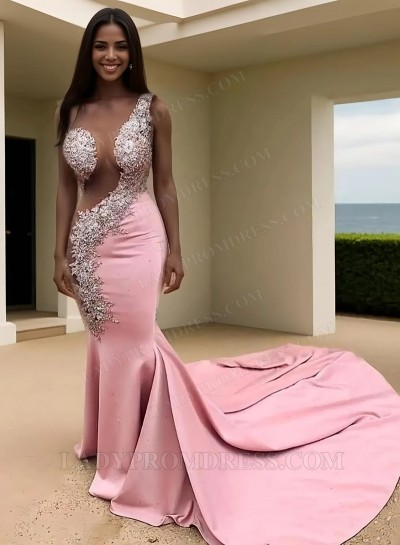 2025 Pink One Shoulder Beaded Mermaid Long Train See Through Prom Dresses