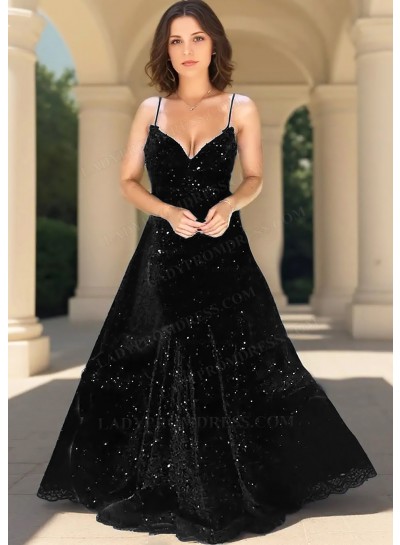 Black Sequin Spaghetti Strap Ball Gown Prom Dress - Elegant Evening Style