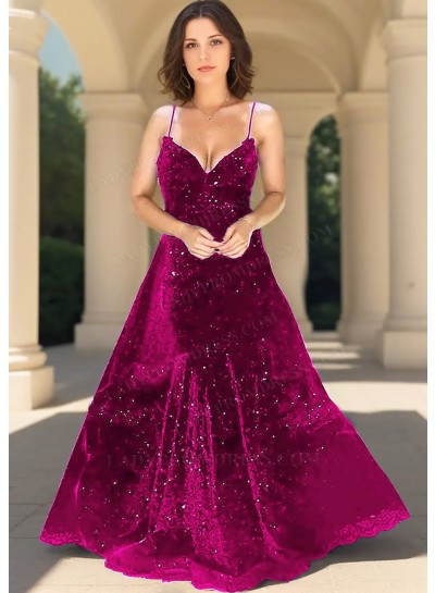 Fuchsia Sequin Spaghetti Strap Ball Gown Prom Dress - Elegant Evening Style
