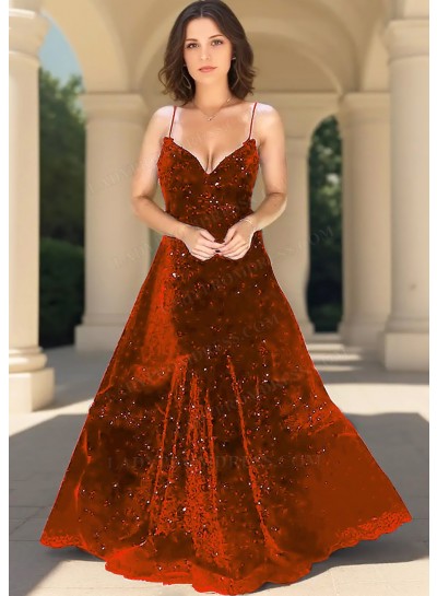 Orange Sequin Spaghetti Strap Ball Gown Prom Dress - Elegant Evening Style