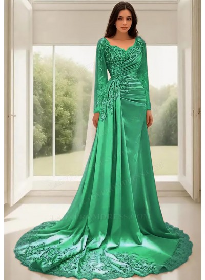 Emerald A-Line Long Sleeves Satin Prom Dresses with Lace Appliques