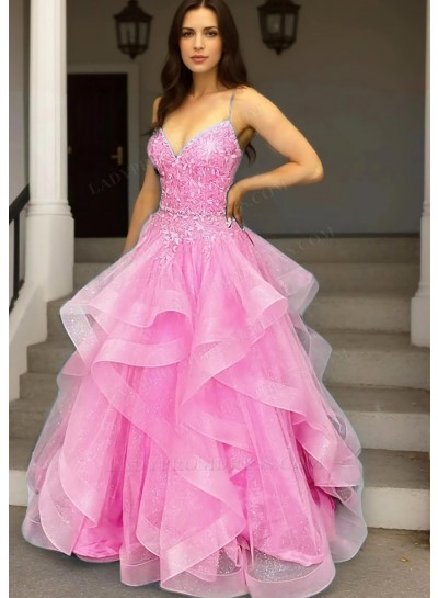 Pale Pink Spaghetti Straps Layered Tulle Ball Gown Prom Dress with Appliques