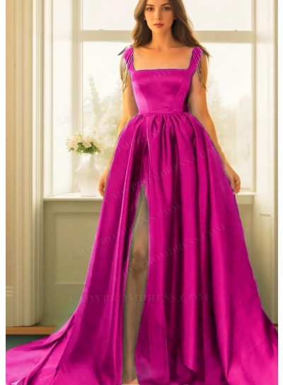 Fuchsia Square Neck High Slit Satin Ball Gown Prom Dresses