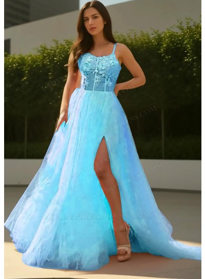 Blue Sheer Bodice Tulle Prom Dresses with Appliques