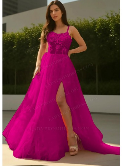 Fuchsia Sheer Bodice Tulle Prom Dresses with Appliques