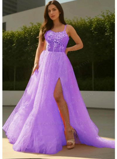 Lilac Sheer Bodice Tulle Prom Dresses with Appliques