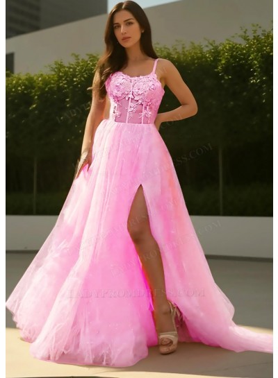 Pale Pink Sheer Bodice Tulle Prom Dresses with Appliques