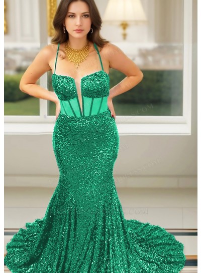Emerald Spaghetti Straps Sequined Mermaid Prom Dresses with Corset Bodice