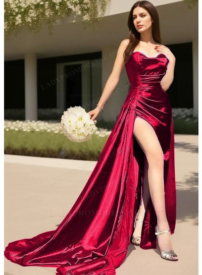 Burgundy Strapless High Slit Satin Pleated Prom Dresses