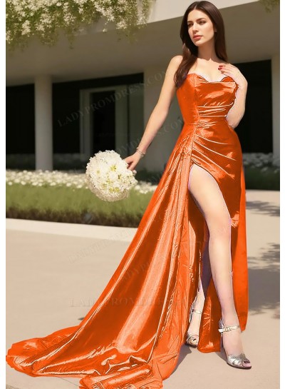 Orange Strapless High Slit Satin Pleated Prom Dresses
