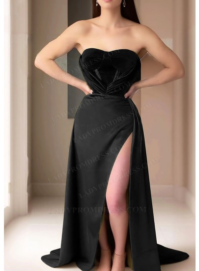 Black Strapless Velvet Prom Dresses with High Slit