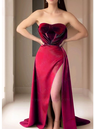 Burgundy Strapless Velvet Prom Dresses with High Slit
