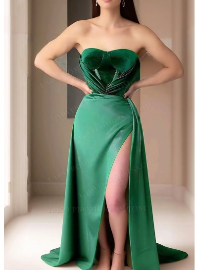 Emerald Strapless Velvet Prom Dresses with High Slit