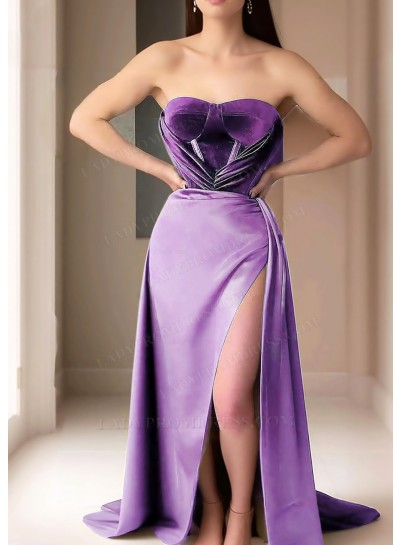 Lilac Strapless Velvet Prom Dresses with High Slit