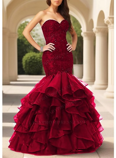 Burgundy Sweetheart Ruffled Strapless Tulle Layered Mermaid Prom Dresses